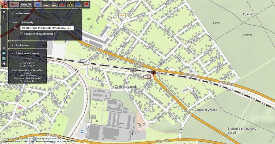 železniční přejezd - označení na mapě