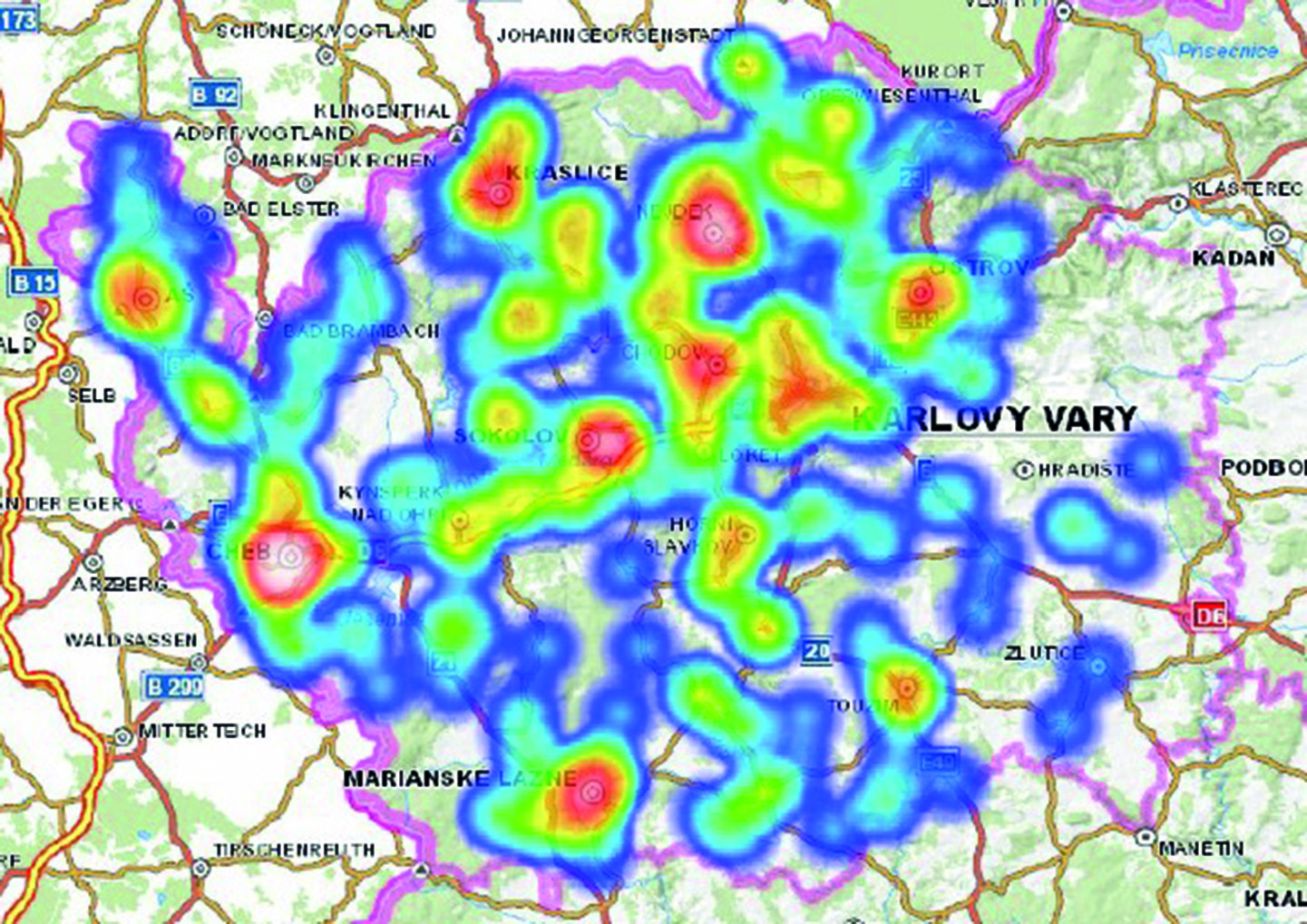 HEAT mapa se zobrazením míst nahlášených událostí během Herwart (Zdroj: HZS Karlovarského kraje)