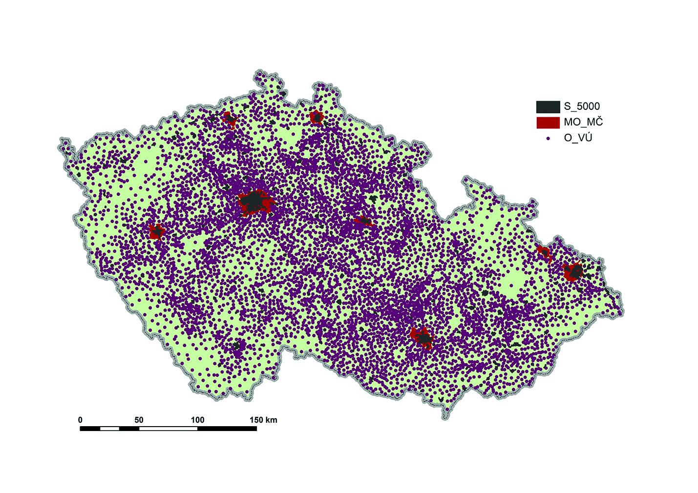 Obr. 5 Zastavěnost území ČR; S_5 000 - plochy sídel nad 5 000 obyvatel, Mo_MČ - městské obvody a městské části, O_VÚ - obce a vojenské újezdy (Zdroj Dat: ArcČR, ARCDATA PRAHA, ZÚ, ČSÚ, 2014 - verze 3.2)